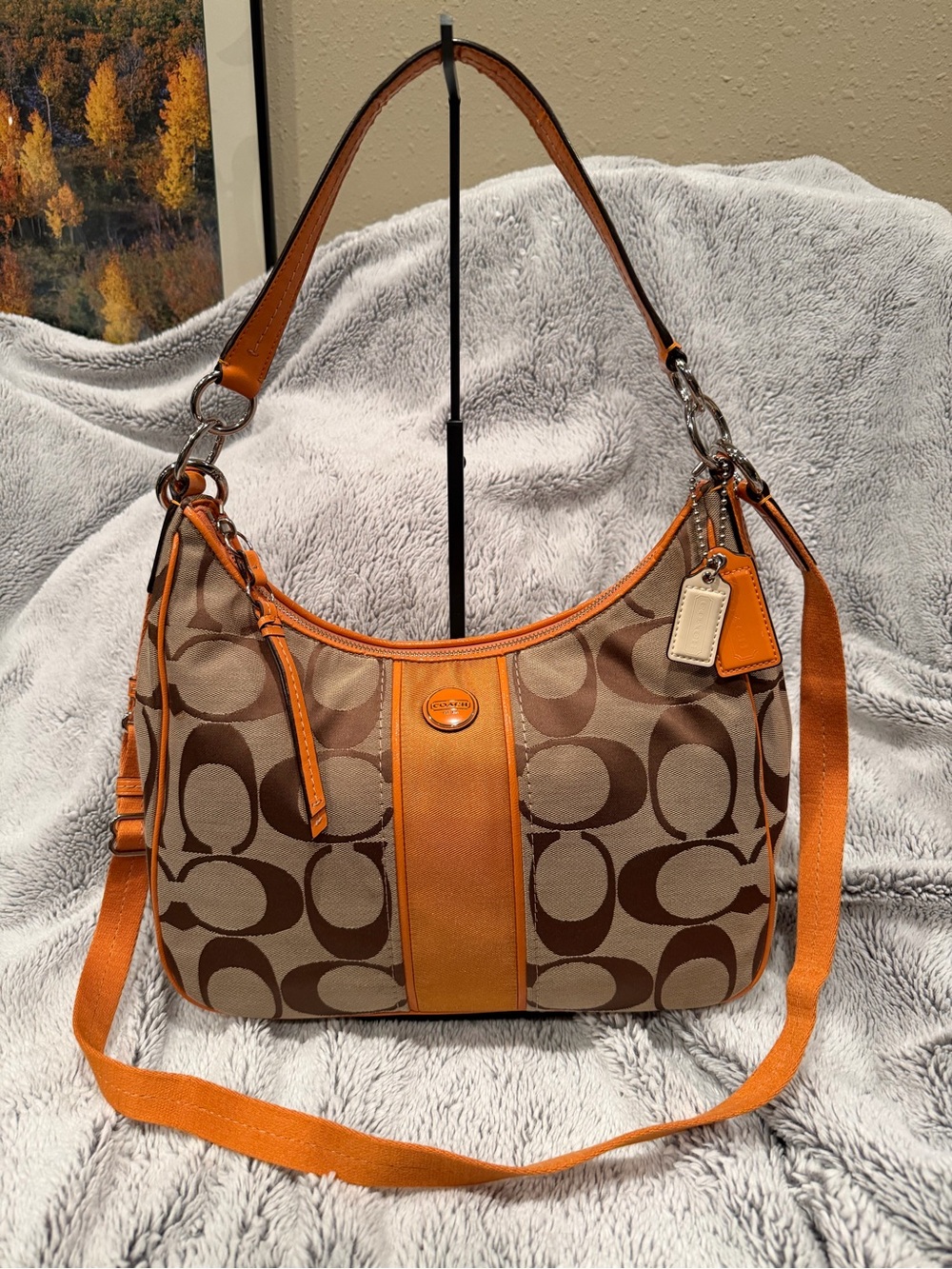 COACH Signature Stripe Convertible Hobo Bag Khaki Orange F21873 - Picture 2 of 13
